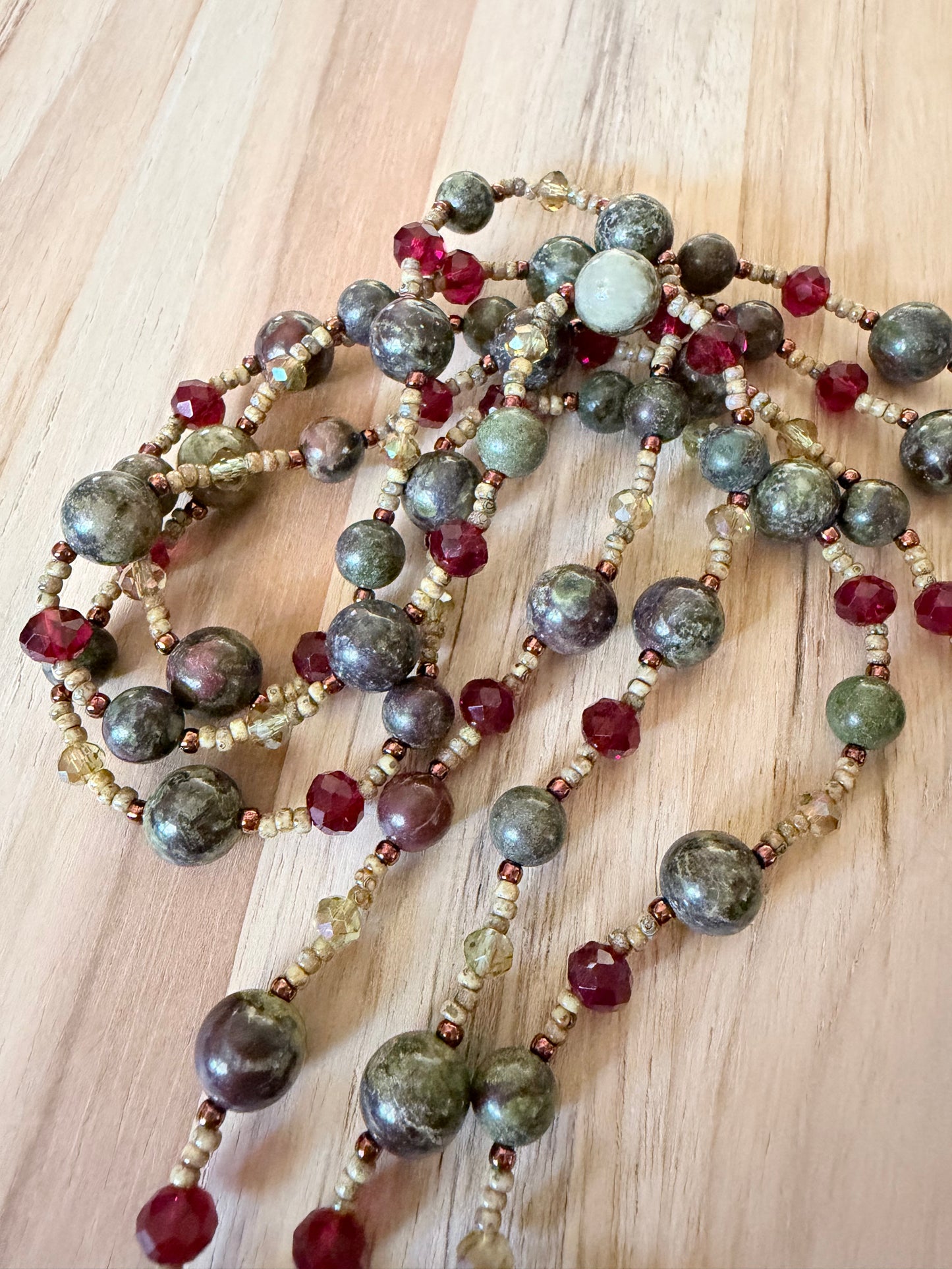60” Extra Long Wraparound Style Necklace with Dragon Blood Stone and Crystal Beads