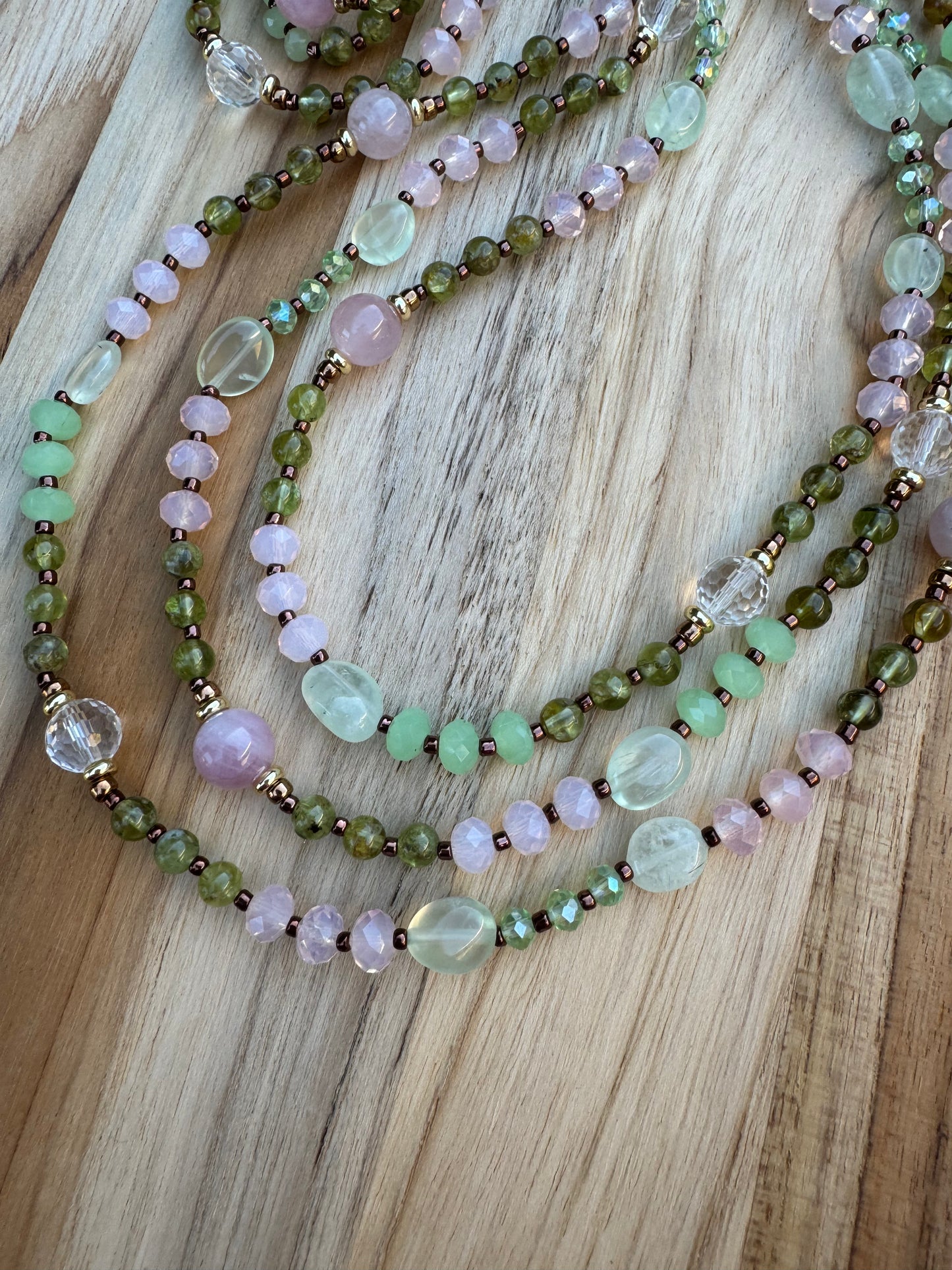 60" Extra Long Wraparound Style Madagascar Rose Quartz and clear Quartz Beaded Necklace with Peridot prehnite and Crystal Beads - My Urban Gems