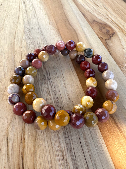 Faceted Mookaite Stretch Bracelet in shades of Mustard Yellow and Red ~ 7”