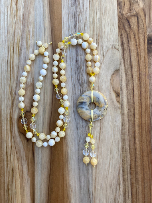 Crazy Lace Agate Donut Necklace with Yellow/White Jade and Crystal Beads