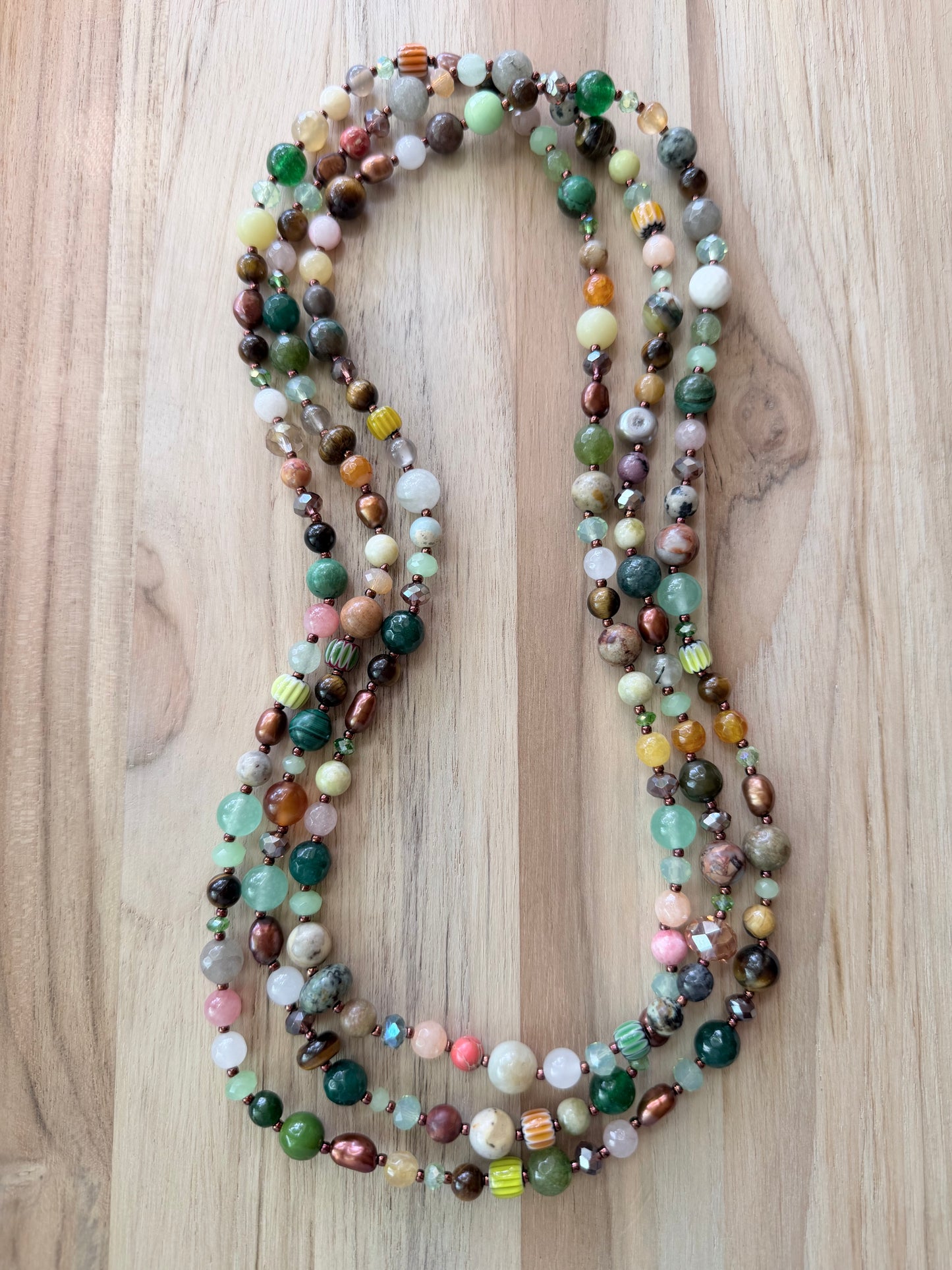 60” Extra Long Wraparound Mixed Gemstone Pearl and Crystal Necklace