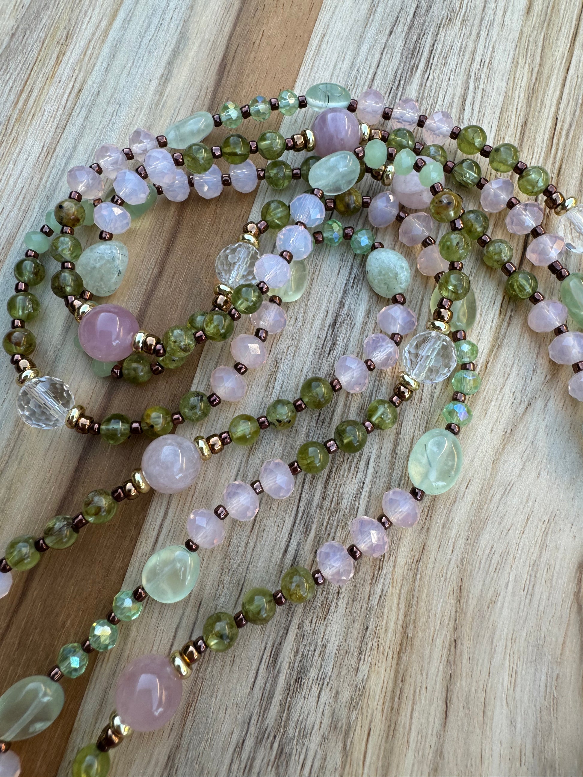 60" Extra Long Wraparound Style Madagascar Rose Quartz and clear Quartz Beaded Necklace with Peridot prehnite and Crystal Beads - My Urban Gems