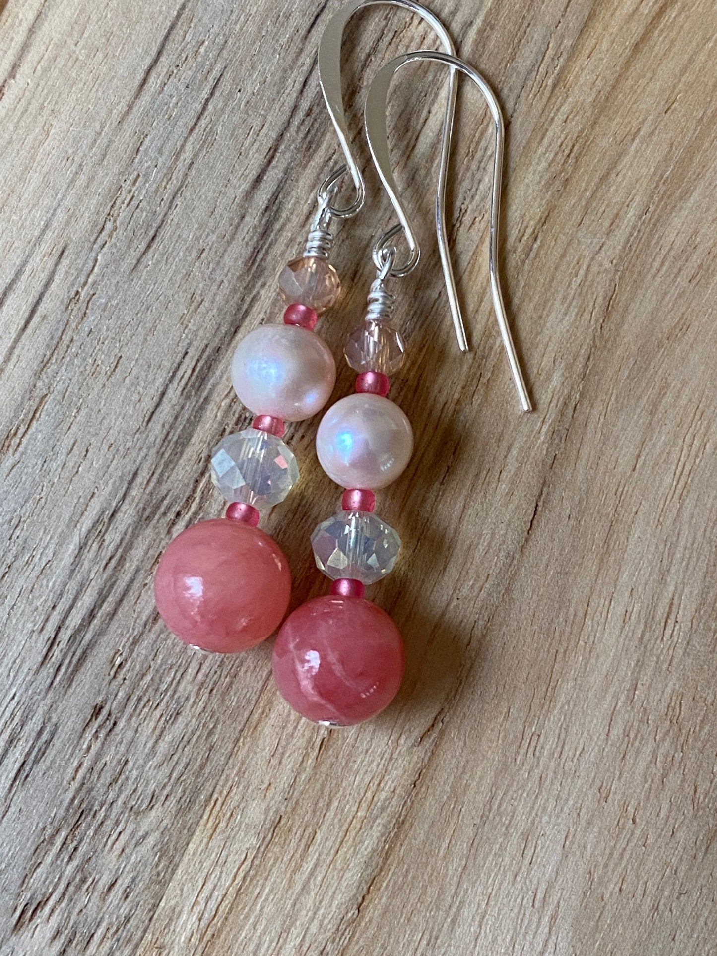 Pink/Peach Chalcedony Dangle Earrings with Pearl and crystal beads