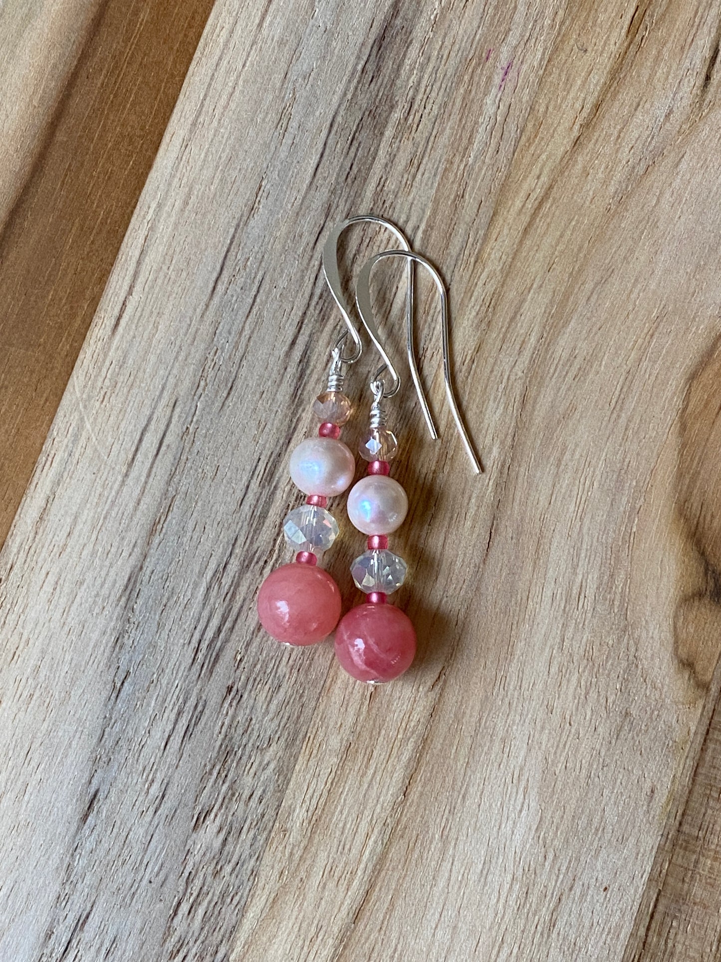 Pink/Peach Chalcedony Dangle Earrings with Pearl and crystal beads