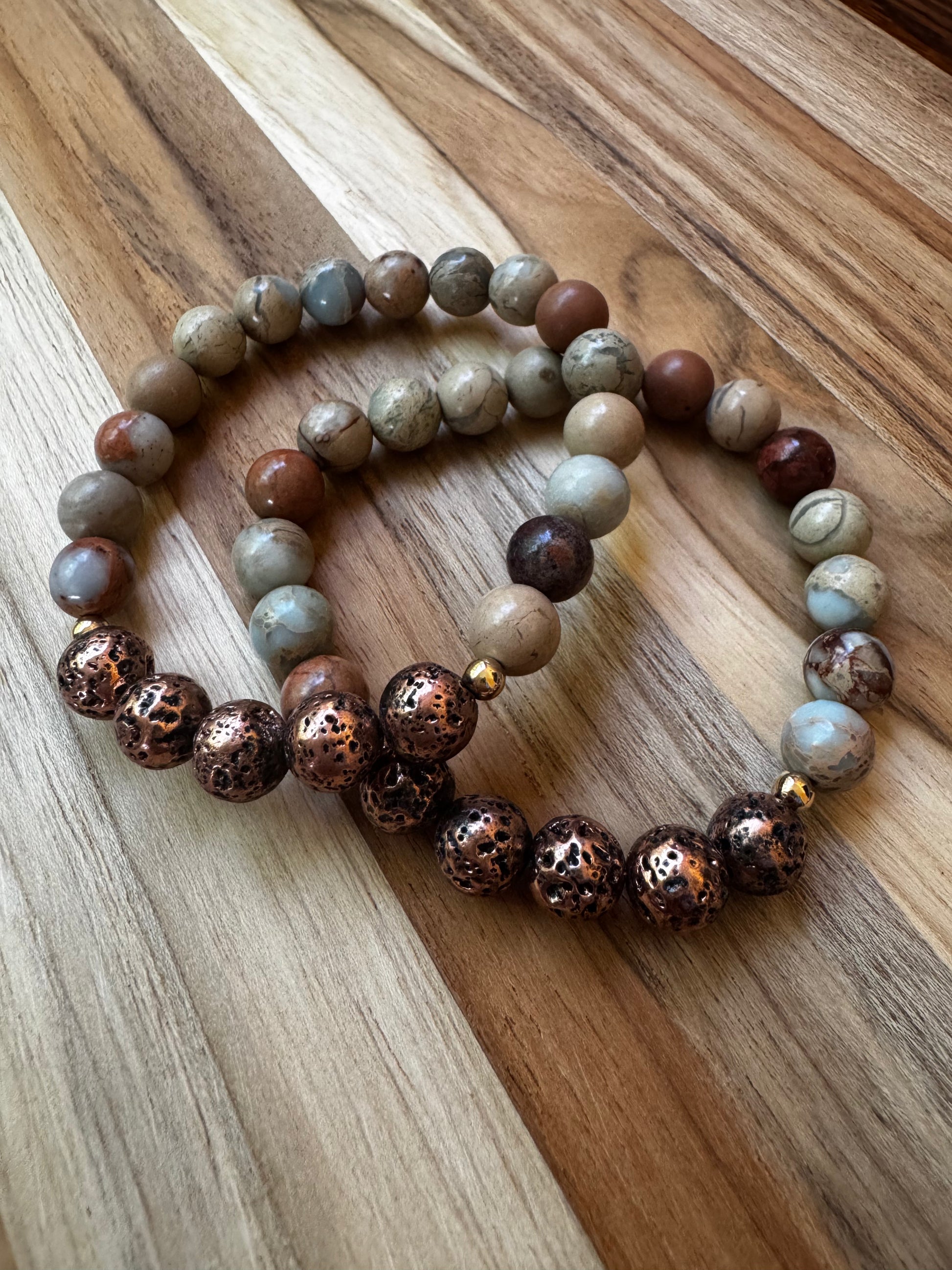 Shoushan Stone Stretch Bracelet with Copper Coated Lava Stone ~ 6.5” in size