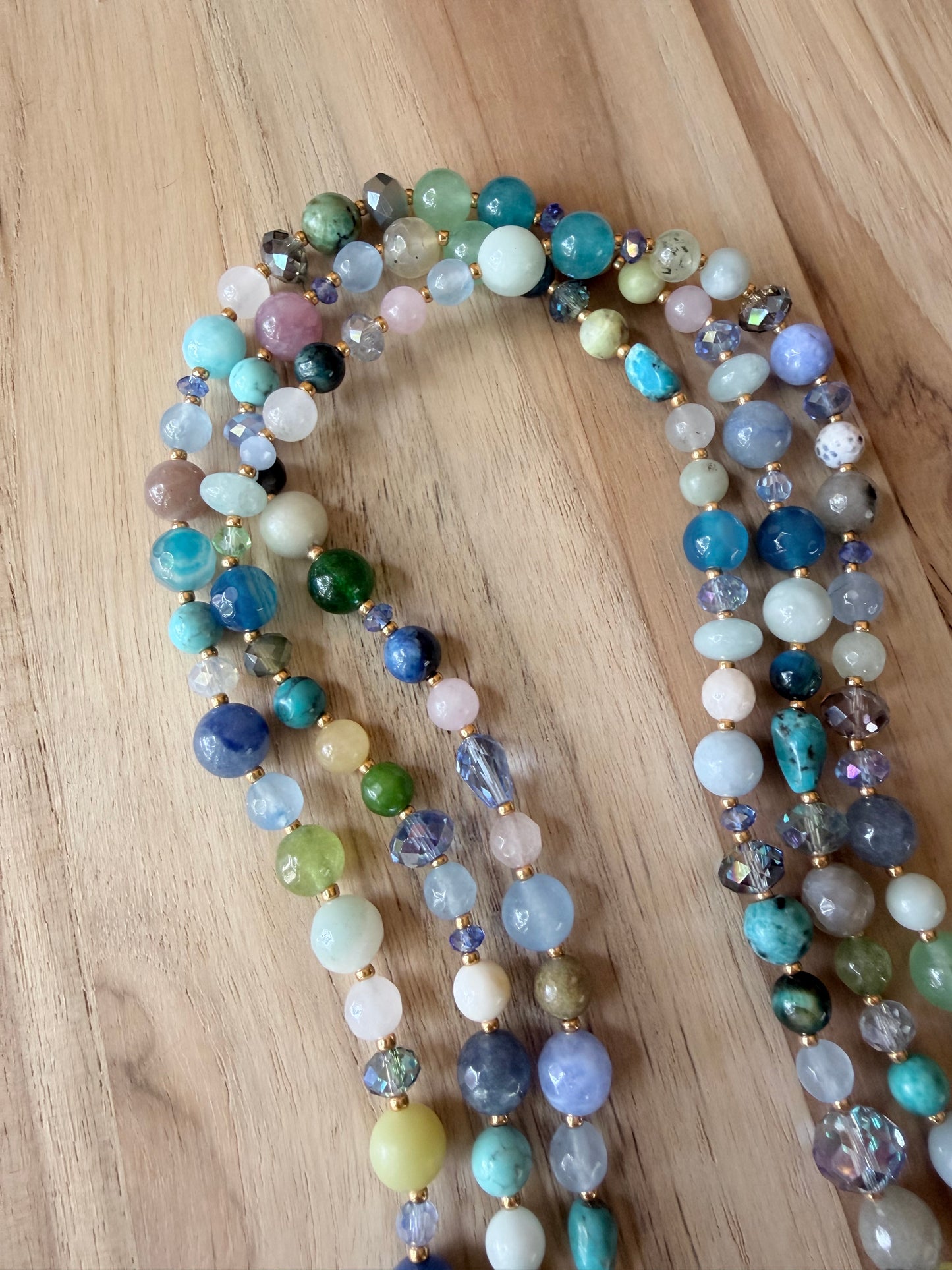 60” Extra Long Wraparound Multi Colored Gemstone Necklace with Crystal Beads