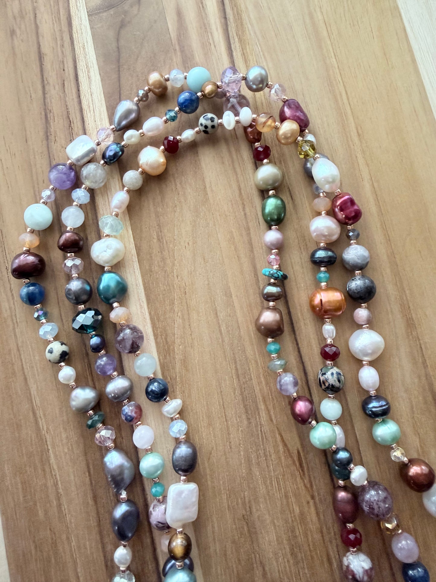60” Extra Long Wraparound Freshwater Pearl Necklace with Gemstones and Crystal Beads
