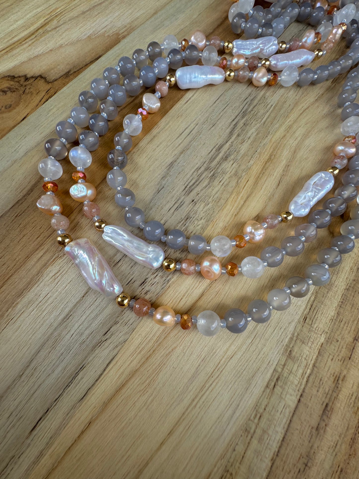 60” Extra Long Wraparound Style Biwa Stick Pearl Beaded Necklace with Grey Agate Moonstone Peach Pearl Peach Strawberry Quartz and Crystal Beads