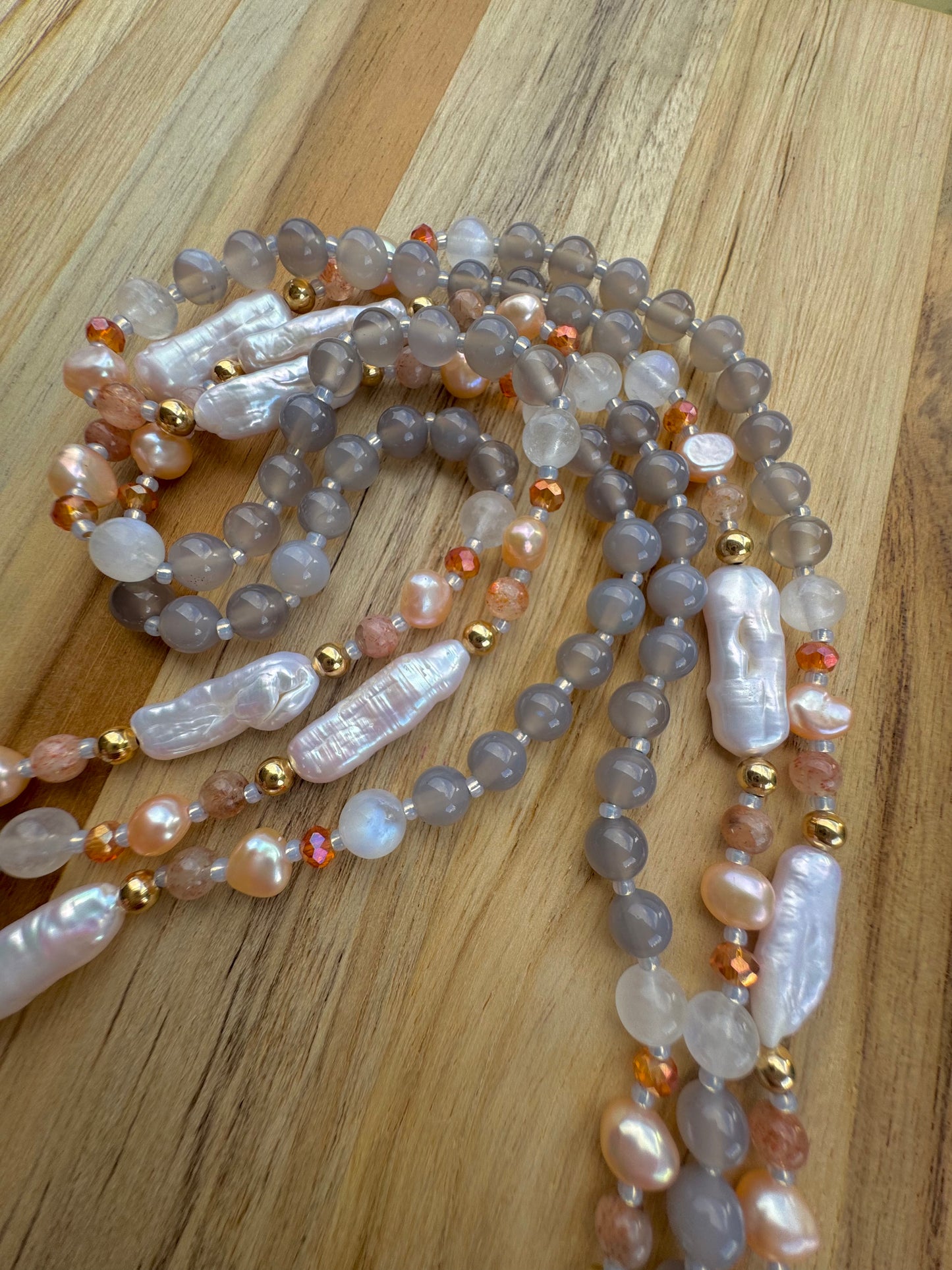 60” Extra Long Wraparound Style Biwa Stick Pearl Beaded Necklace with Grey Agate Moonstone Peach Pearl Peach Strawberry Quartz and Crystal Beads