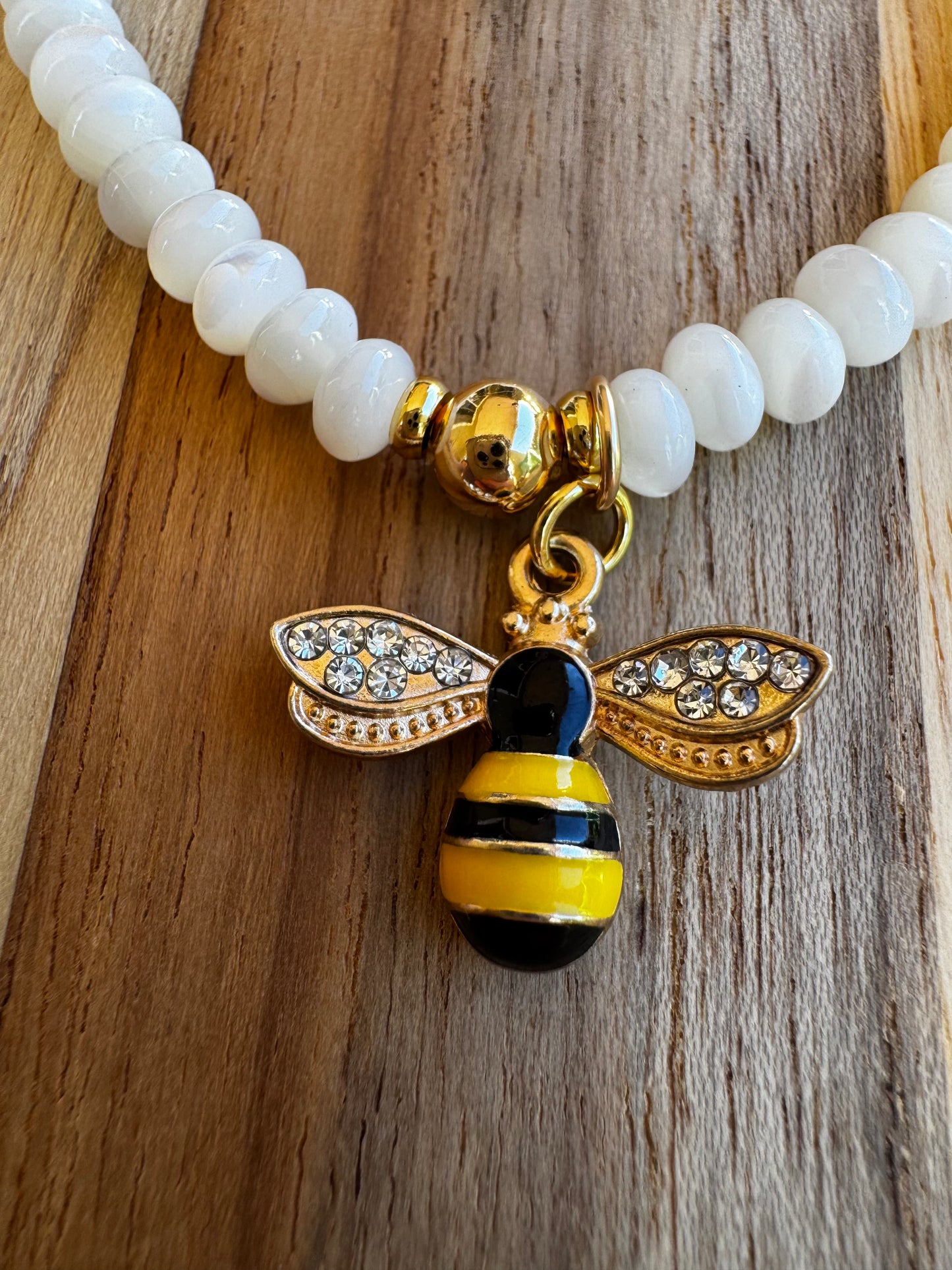 Bee Charm Mother of Pearl Stretch Bracelet ~ 7”