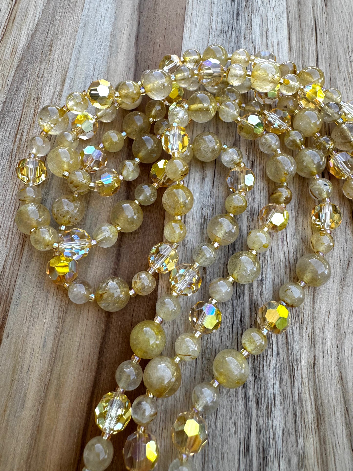 Extra Long Gold Rutilated Quartz Wraparound Style Necklace with Yellow Crystal Beads