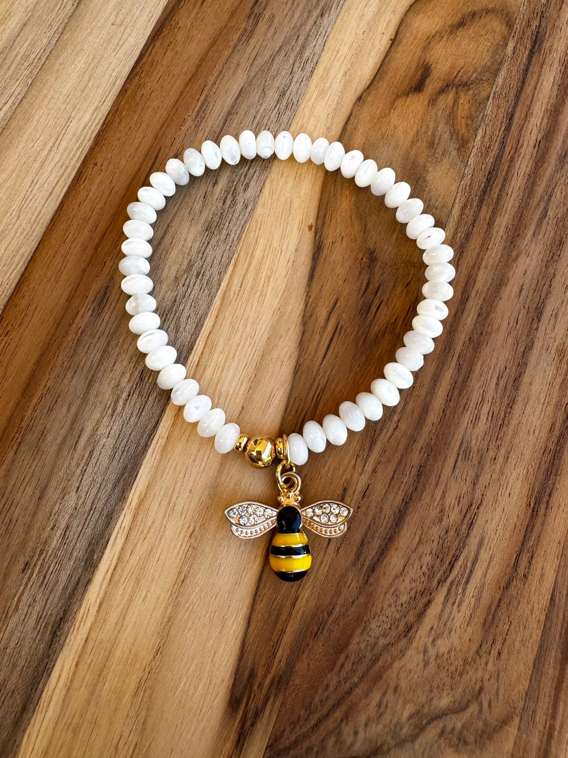 Bee Charm Mother of Pearl Stretch Bracelet ~ 7”