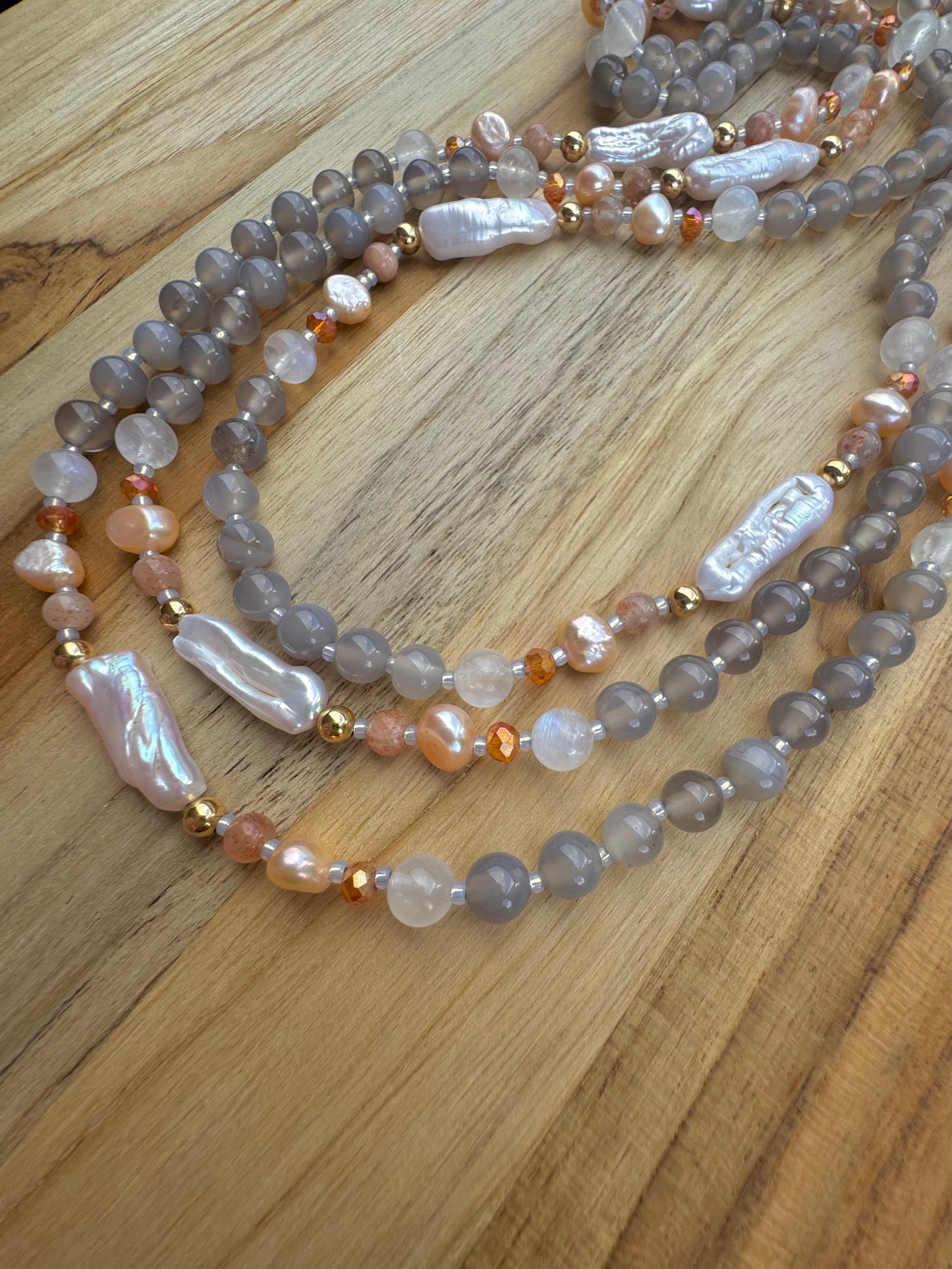 60” Extra Long Wraparound Style Biwa Stick Pearl Beaded Necklace with Grey Agate Moonstone Peach Pearl Peach Strawberry Quartz and Crystal Beads