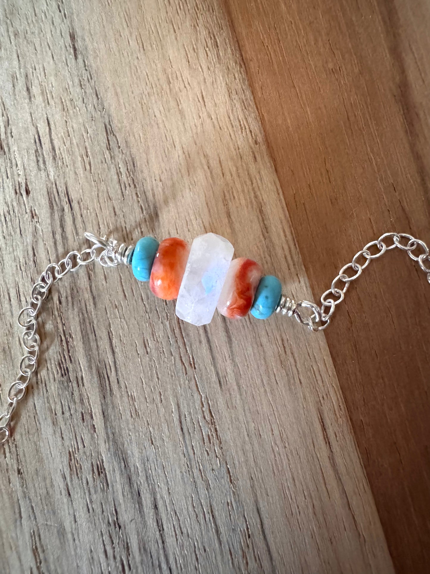 Minimalist Gemstone Bar Necklace with Moonstone Spiny Oyster and Turquoise ~ Sterling Silver