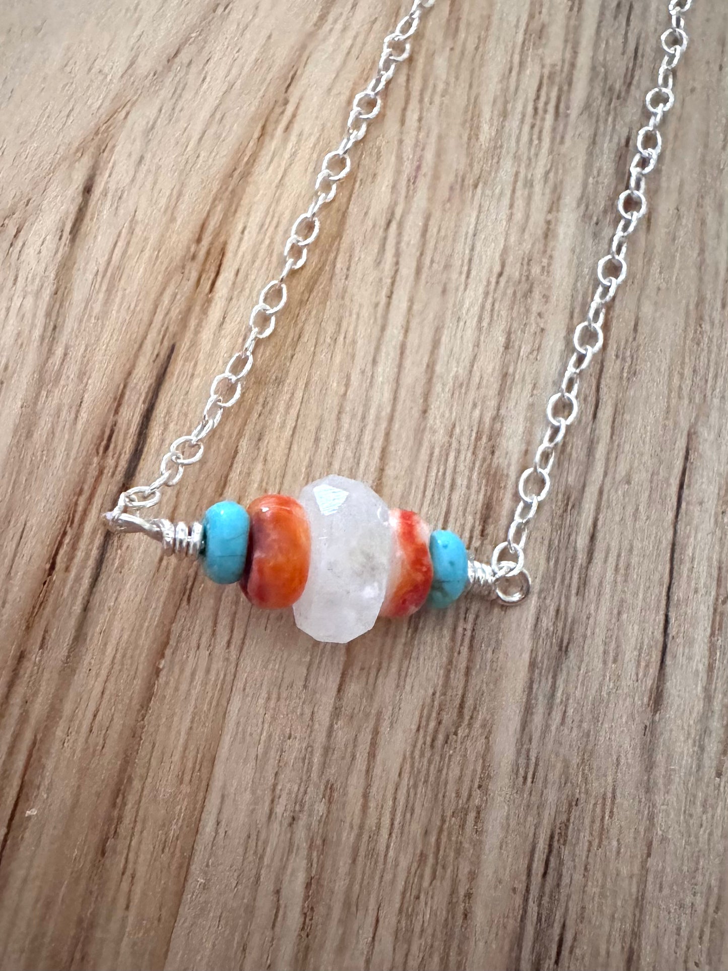 Minimalist Gemstone Bar Necklace with Moonstone Spiny Oyster and Turquoise ~ Sterling Silver