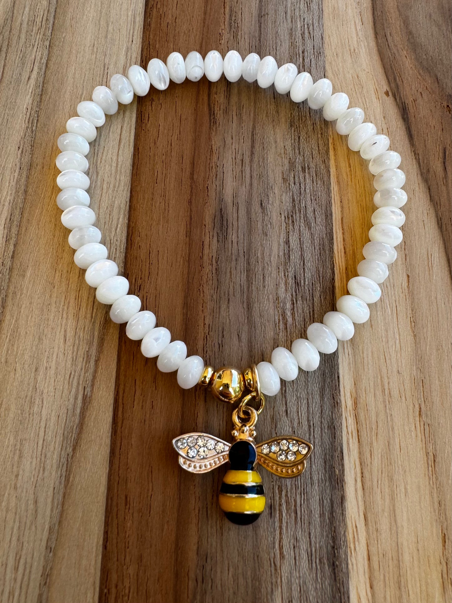 Bee Charm Mother of Pearl Stretch Bracelet ~ 7”