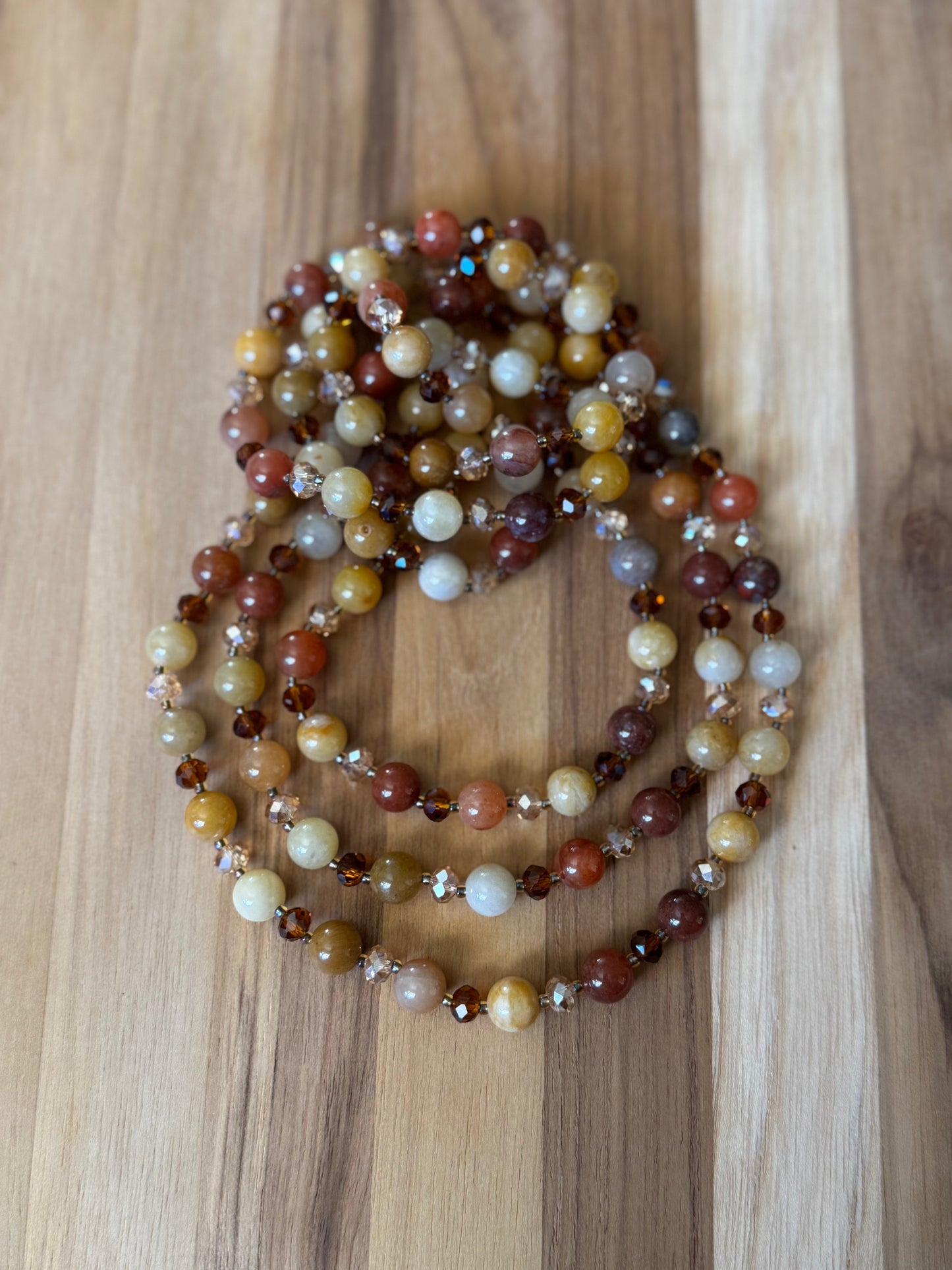 Extra Long Golden Jade and Crystal Wraparound Style Necklace