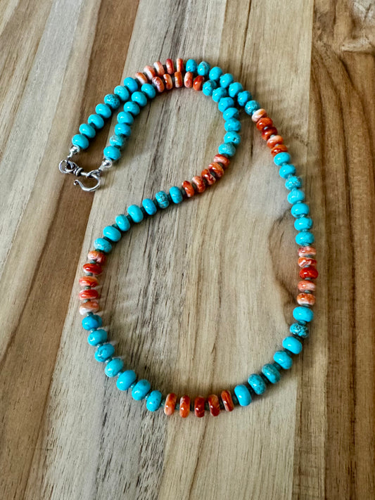 Nevada Blue Turquoise Beaded Necklace with Orange Spiny Oyster and Sterling Silver