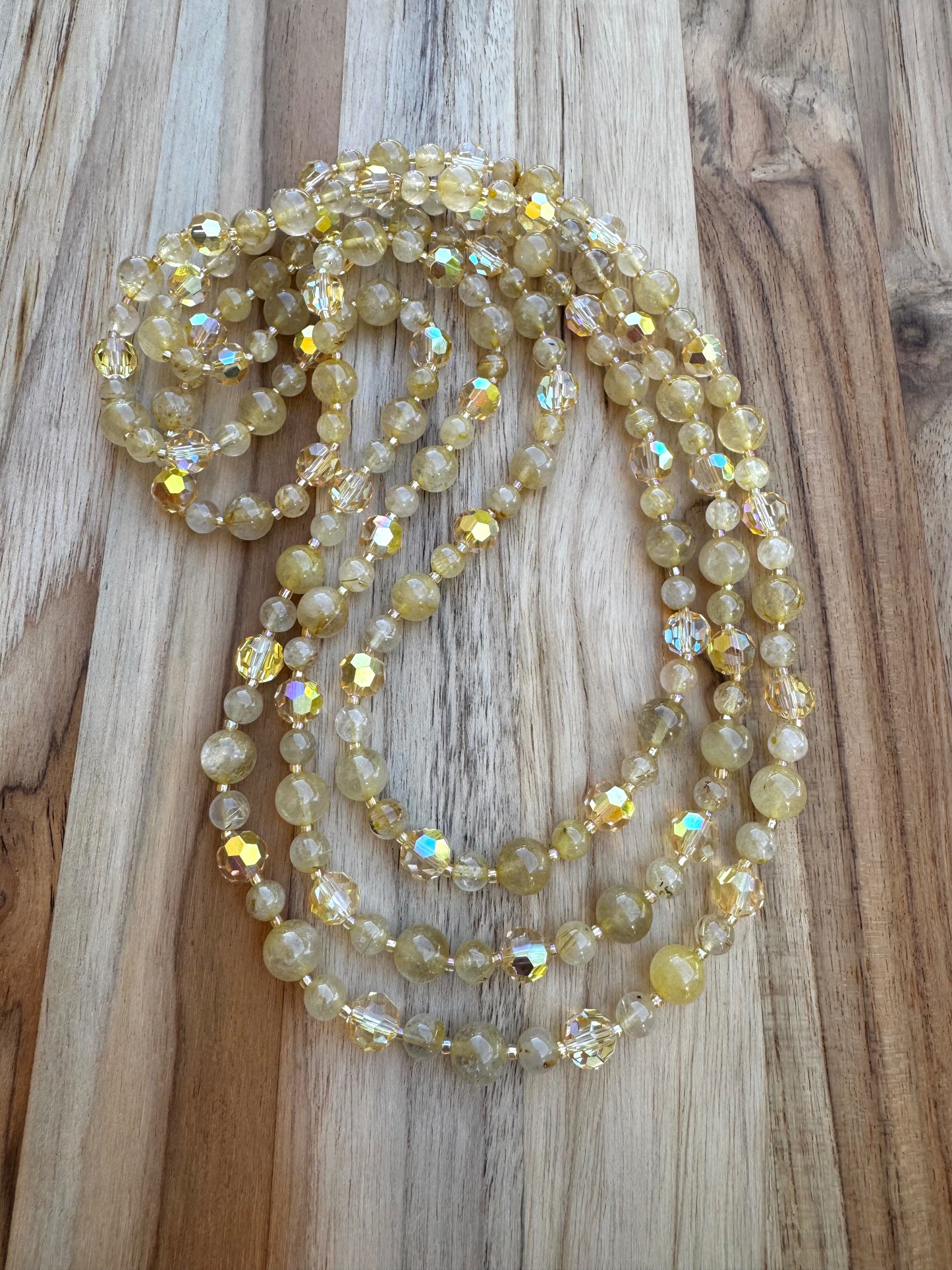 Extra Long Gold Rutilated Quartz Wraparound Style Necklace with Yellow Crystal Beads