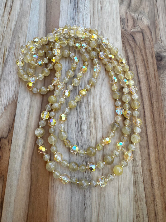 Extra Long Gold Rutilated Quartz Wraparound Style Necklace with Yellow Crystal Beads