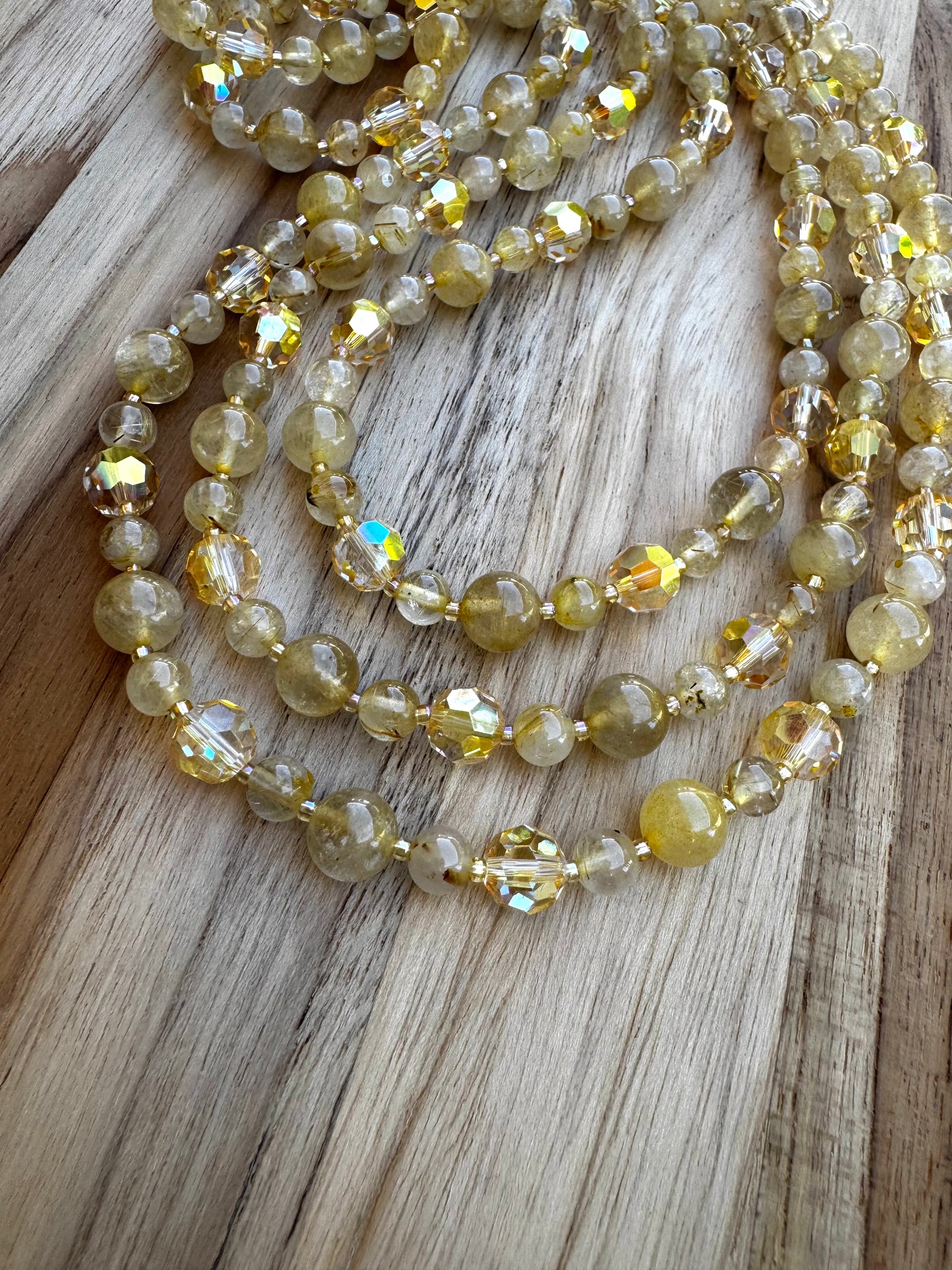 Extra Long Gold Rutilated Quartz Wraparound Style Necklace with Yellow Crystal Beads