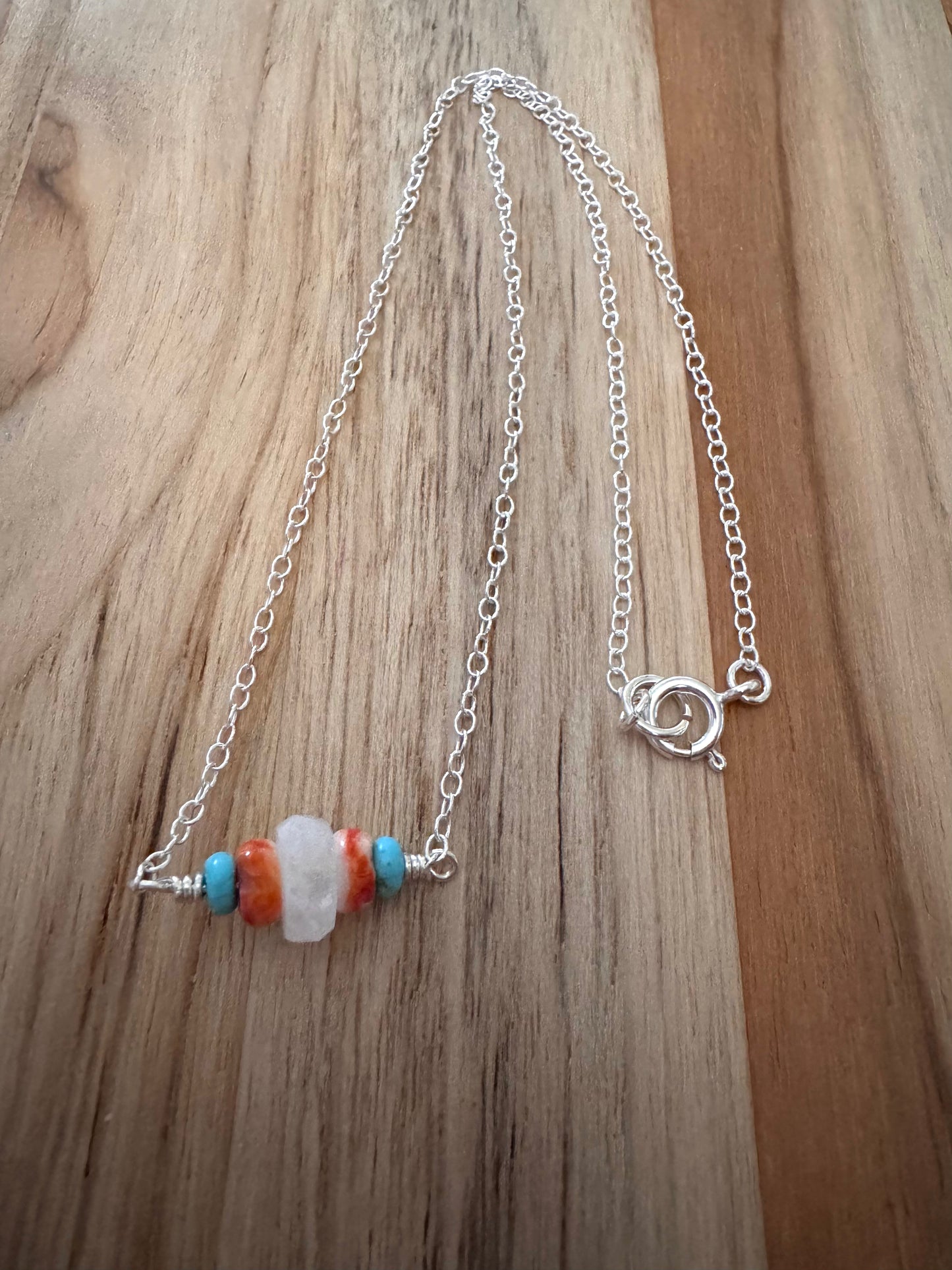 Minimalist Gemstone Bar Necklace with Moonstone Spiny Oyster and Turquoise ~ Sterling Silver