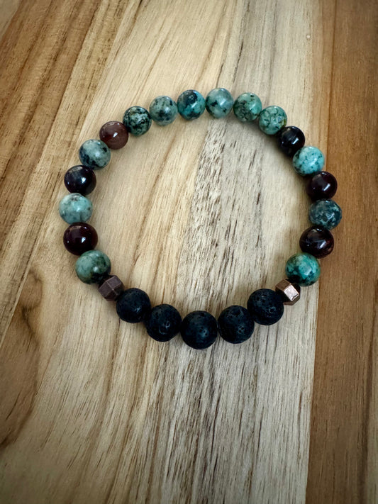 Men’s/Unisex Stretch Bracelet with African Turquoise Tigereye Black Lava Stone & Copper ~ 7.5”