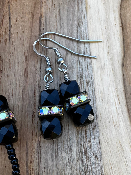 Faceted Black Obsidian Dangle Earrings with Crystal Rondelles ~ Stainless Steel