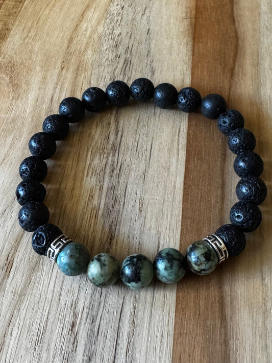 Men’s/Unisex Stretch Bracelet with Black Lava Stone & African Turquoise Beads ~ 7.5”