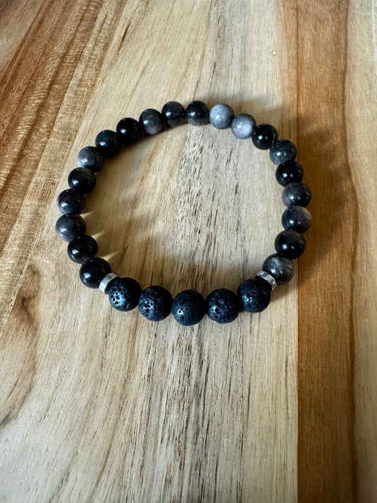 Men’s/Unisex Stretch Bracelet with Silver Sheen Obsidian Hematite & Black Lava Stone ~ 7.5”