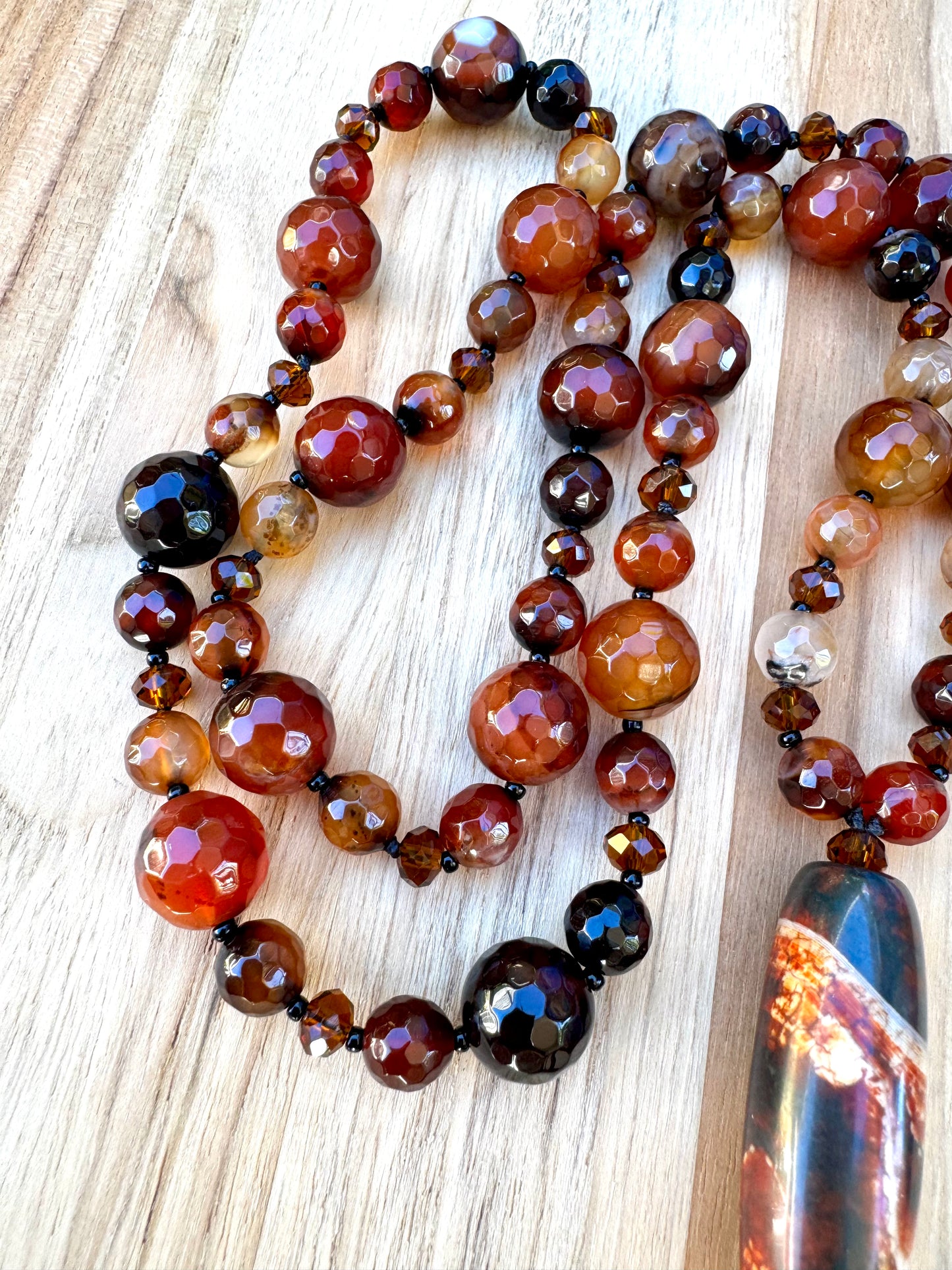 26" Agate Column Pendant Necklace with Black Brown Agate and Crystal Beads