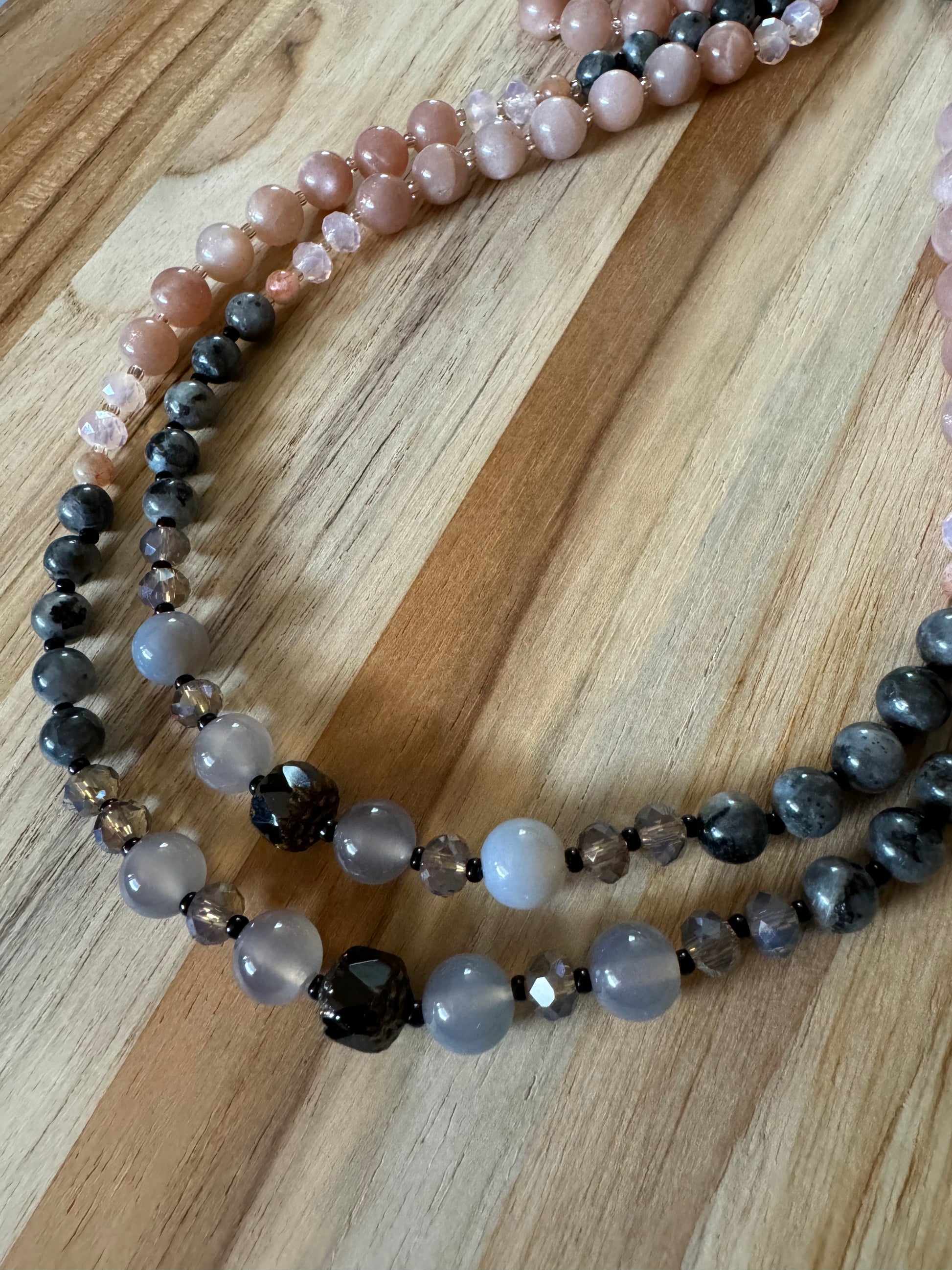 60” Extra Long Color Block Wraparound Style Beaded Necklace with Peach Sunstone Grey Agate Larvikite Black Czech Glass and Crystal Beads -My Urban Gems