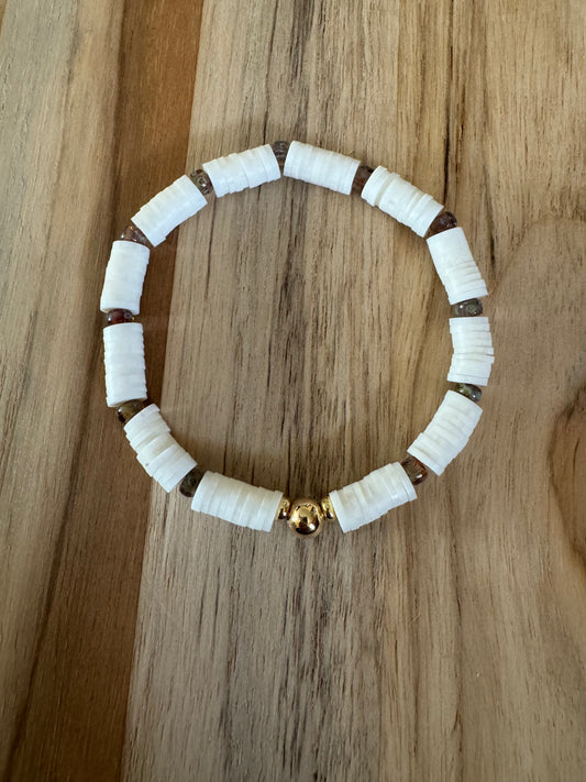 Polymer Clay Heishi Beads Off White and Czech Glass Spring Summer Boho Layering Elastic Stretch Bracelet - My Urban Gems