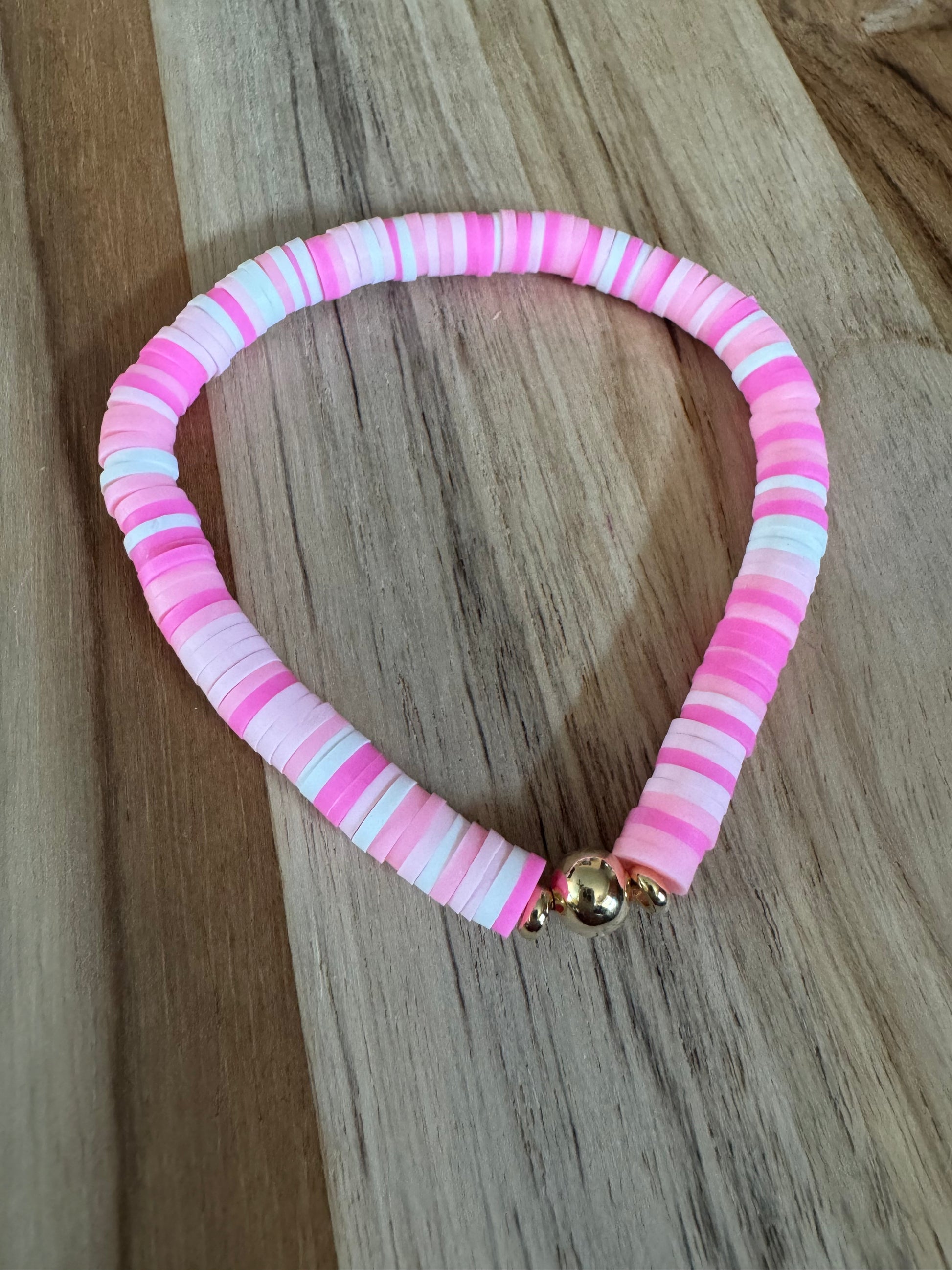 Polymer Clay Heishi Beads Pink Mix Spring Summer Boho Layering Elastic Stretch Bracelet - My Urban Gems