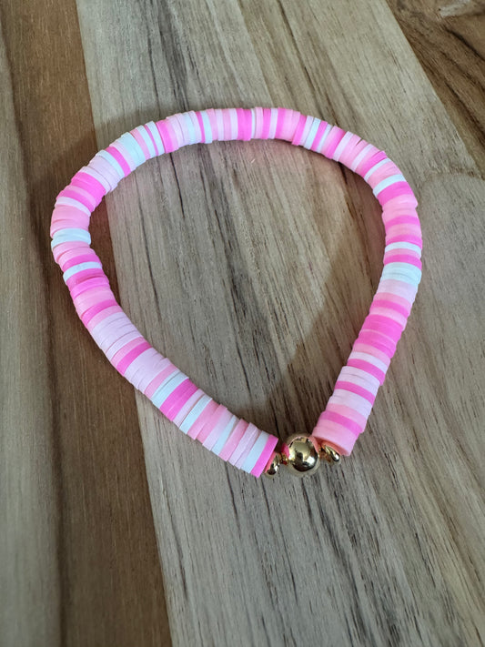Polymer Clay Heishi Beads Pink Mix Spring Summer Boho Layering Elastic Stretch Bracelet - My Urban Gems