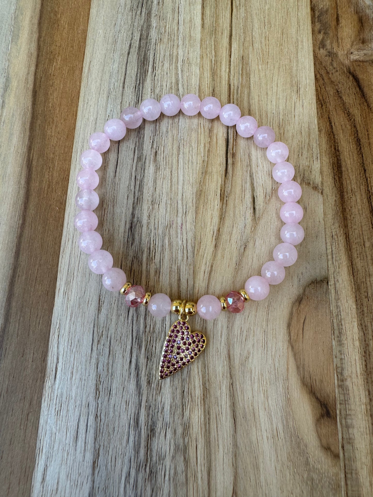 Rose Quartz Beaded Stretch Bracelet with Gold Heart Charm Pink Crystals