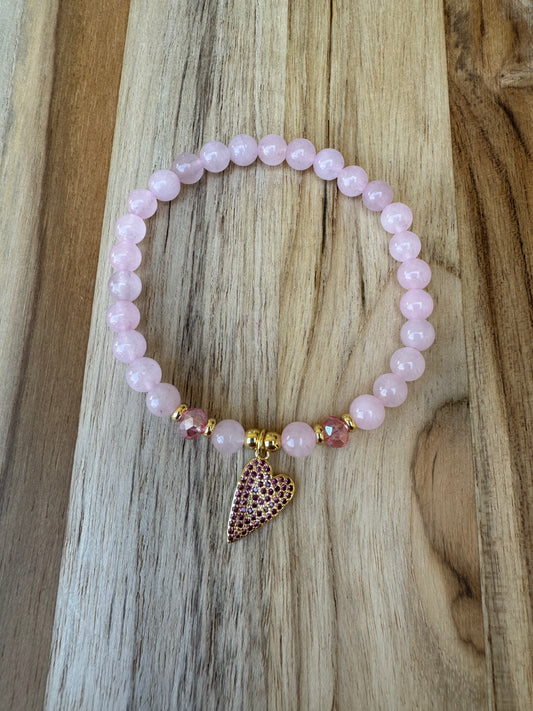 Rose Quartz Beaded Stretch Bracelet with Gold Heart Charm Pink Crystals