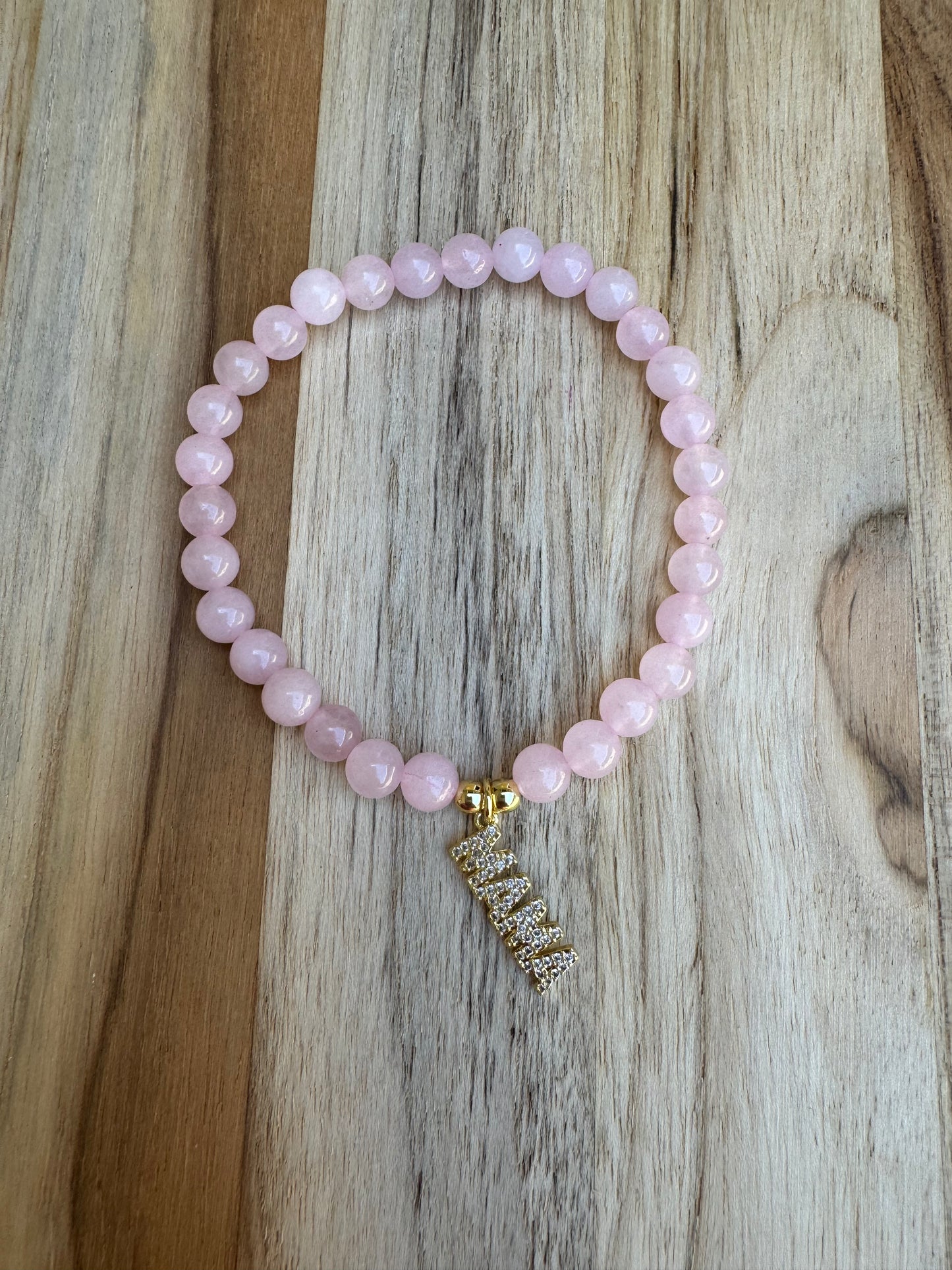Rose Quartz Beaded Stretch Bracelet with Mama Charm - My Urban Gems