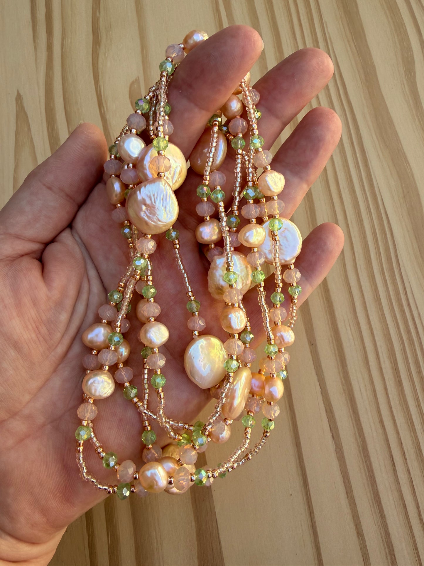 64” Extra Long Wraparound Necklace with Coin Pearls Peach Freshwater Pearls and Crystal Beads