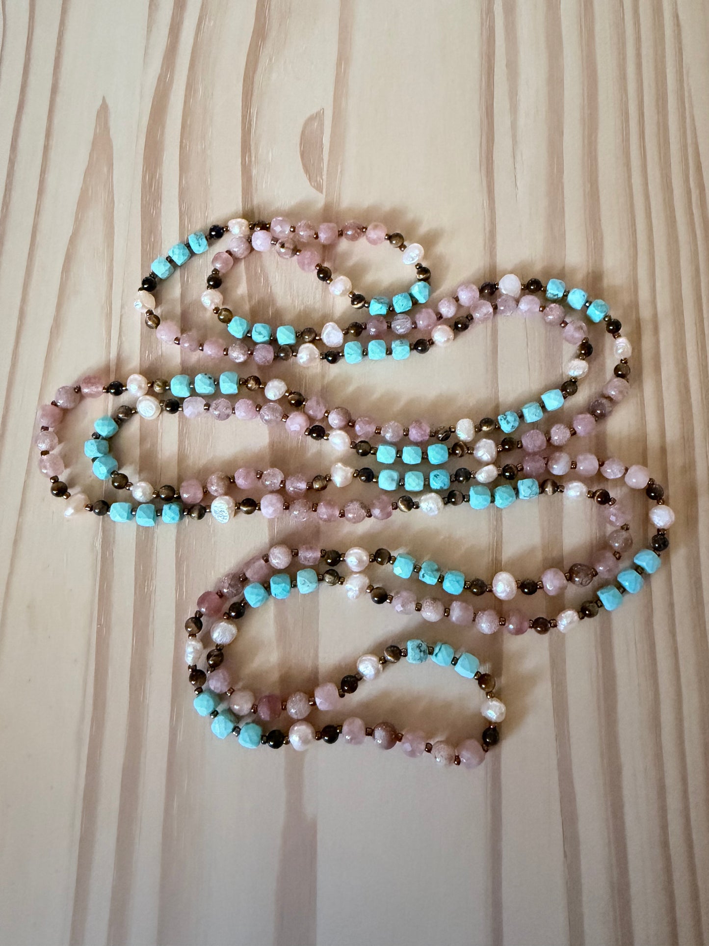 64” Extra Long Wraparound Necklace with Turquoise Sunstone Strawberry Quartz Tigereye and peach Pearls