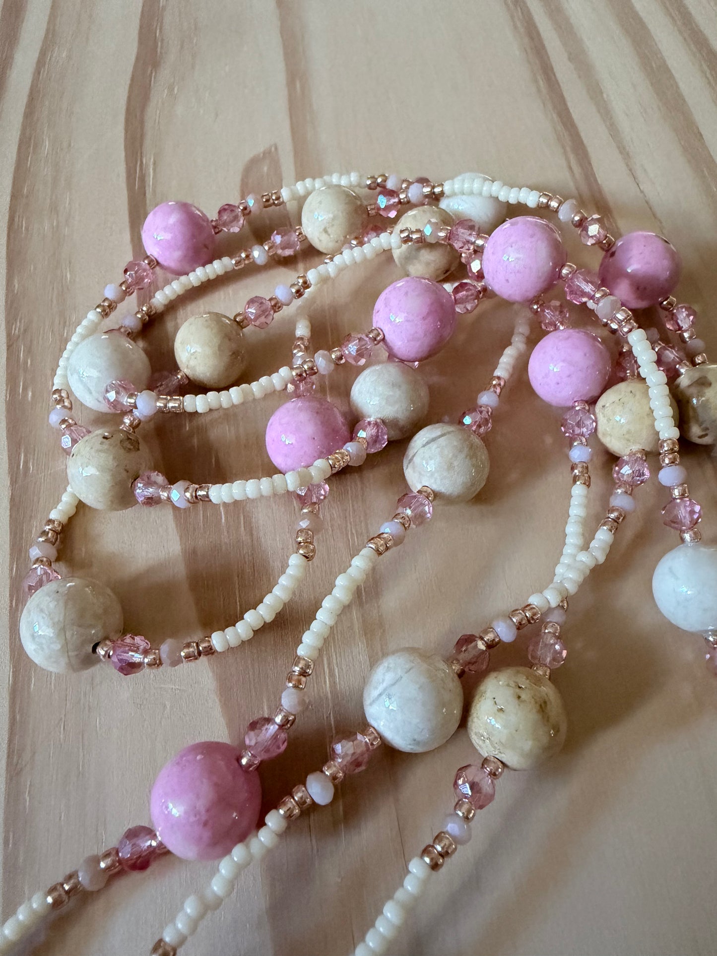 60” Extra Long Wraparound Necklace with Pink and Cream Riverstone and Crystal Beads