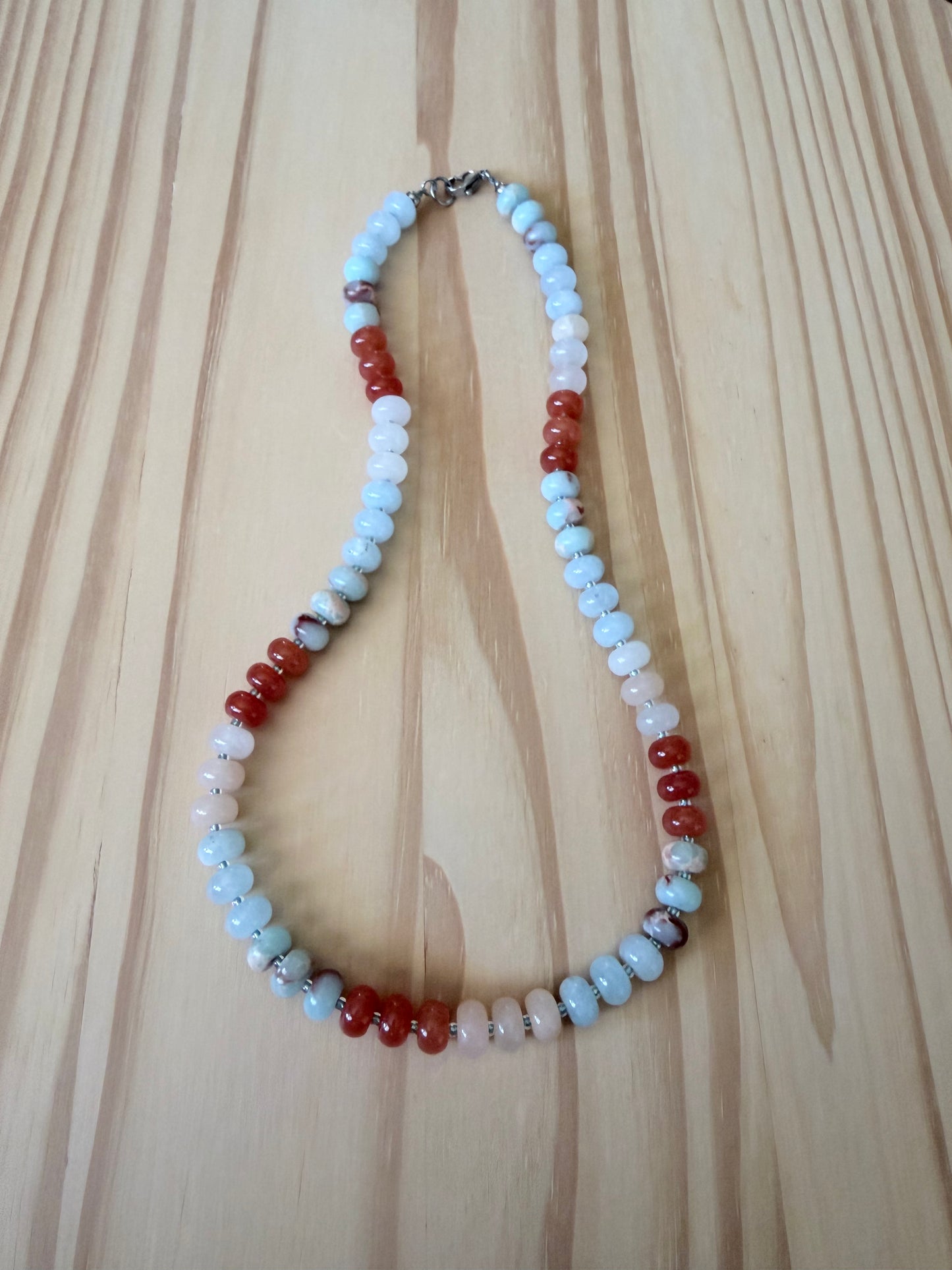 Mixed Gemstone Rondelle Necklace in Shades of Blue, Orange & Peach