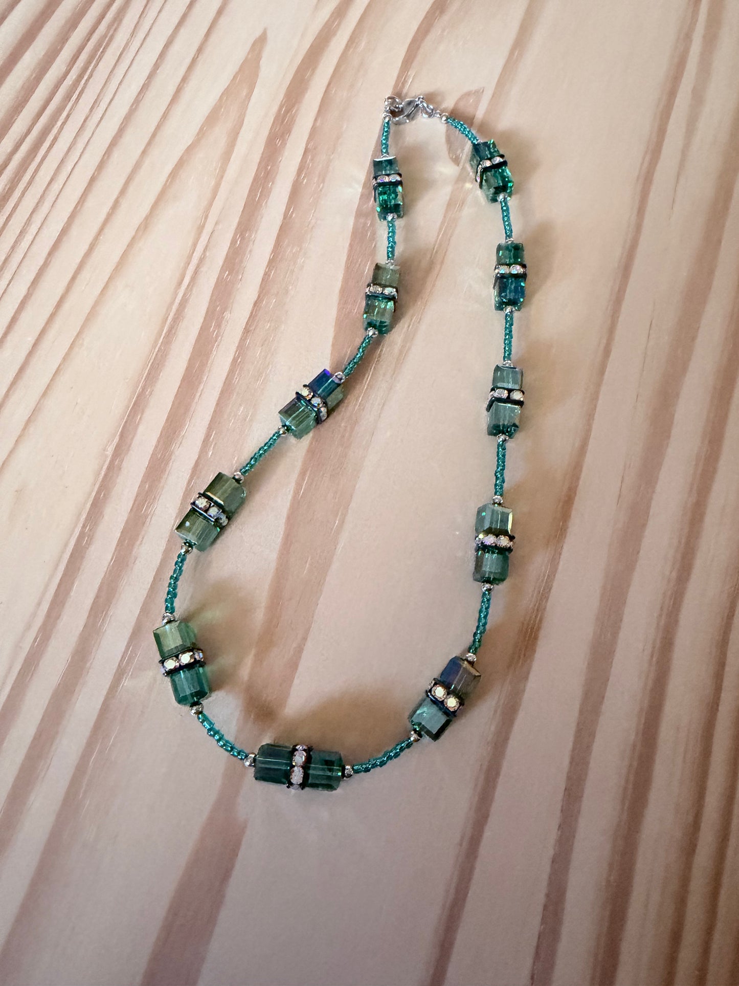 Green Glass Cube Necklace with Precosia Rondelle Beads ~ Stainless Steel