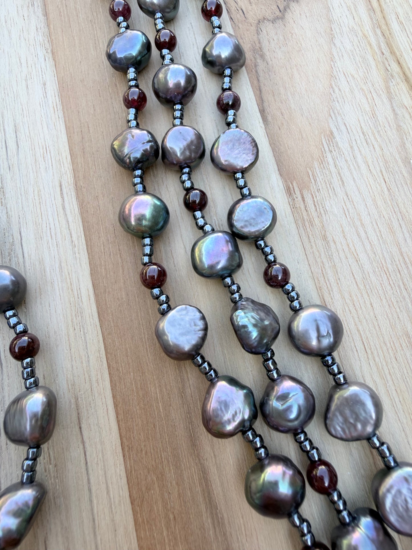 60” Extra Long Wraparound Style Grey Freshwater Peacock Pearl Necklace with Garnet Beads