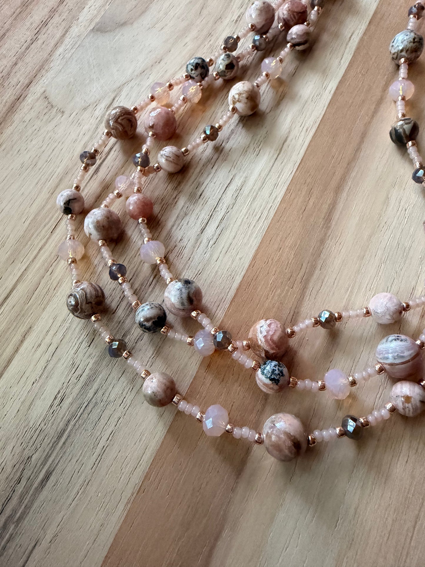 60” Extra Long Wraparound Style Rhodochrosite Necklace with Crystal Beads