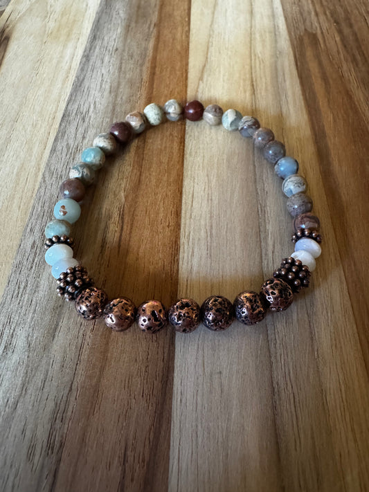 Shoushan Stone Stretch Bracelet with Lace Stone and MOP Beads