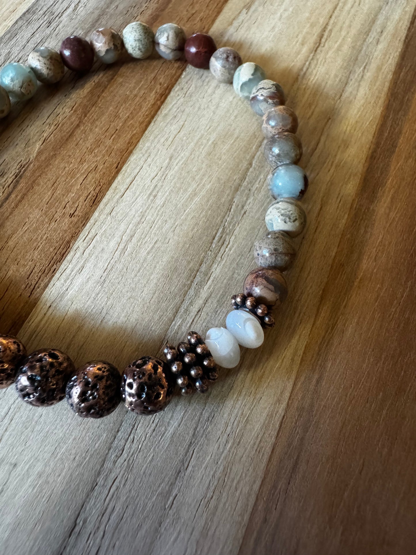 Shoushan Stone Stretch Bracelet with Lace Stone and MOP Beads