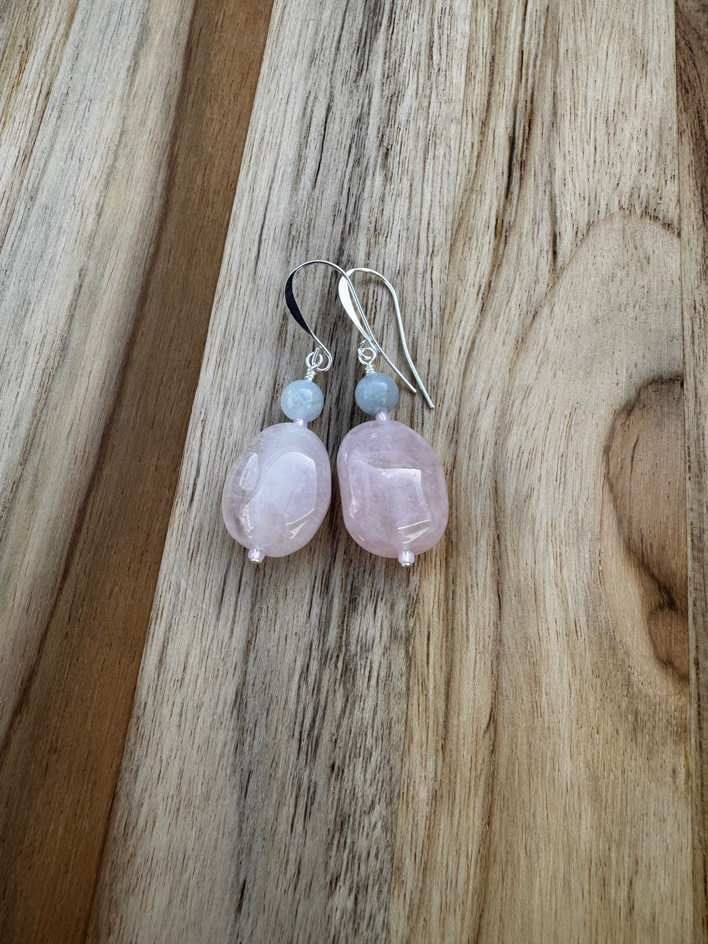 Rose Quartz Nugget and Aquamarine Dangle Earrings