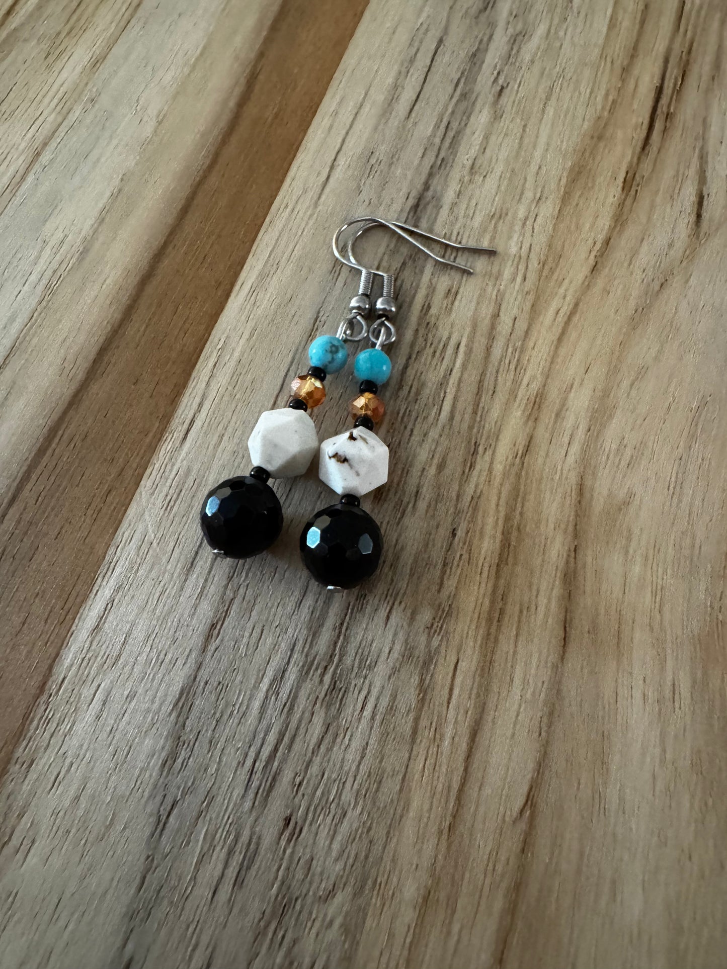 Onyx Turquoise and Orange Crystal Dangle Earrings ~ Stainless Steel