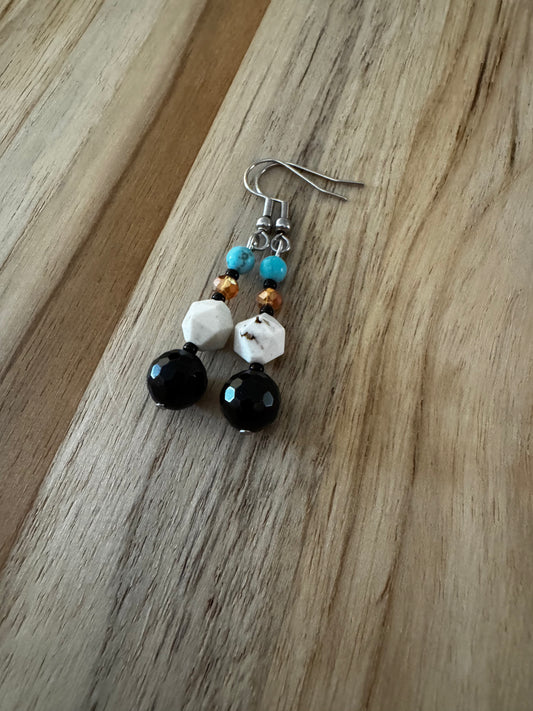 Onyx Turquoise and Orange Crystal Dangle Earrings ~ Stainless Steel